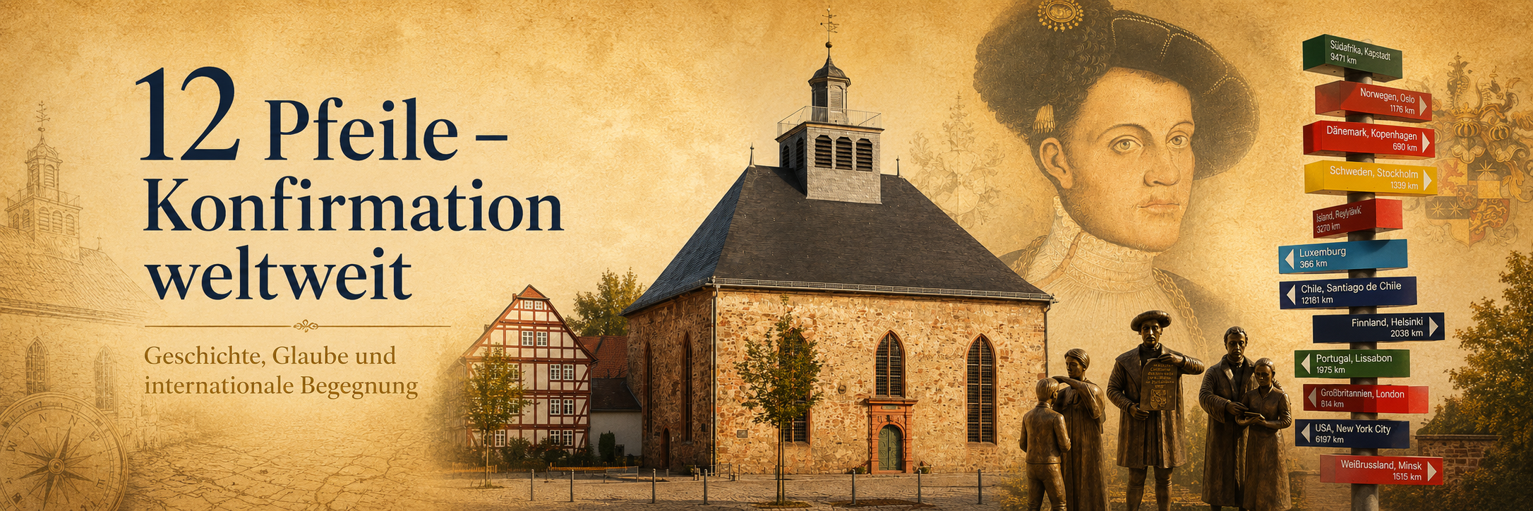 12 Pfeile – Konfirmation weltweit mit Schlosskirche Ziegenhain, Landgraf Philipp, Konfirmationsstatue und Wegweiser