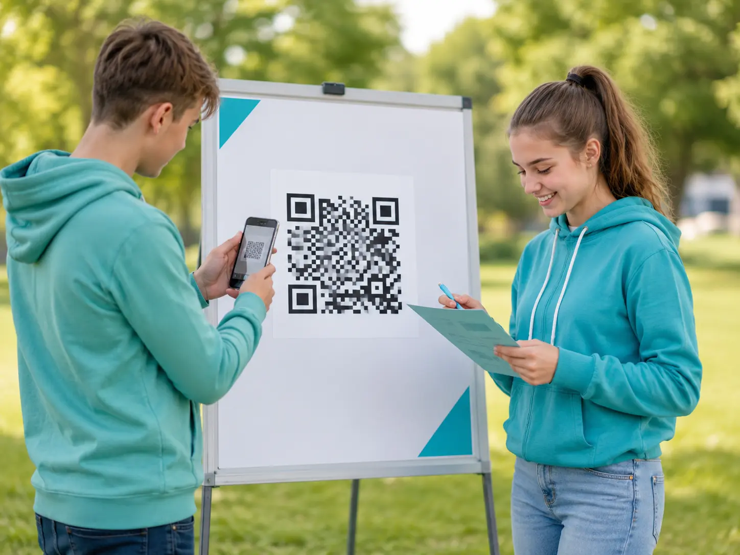 Jugendliche testen mit einem Smartphone einen QR-Code