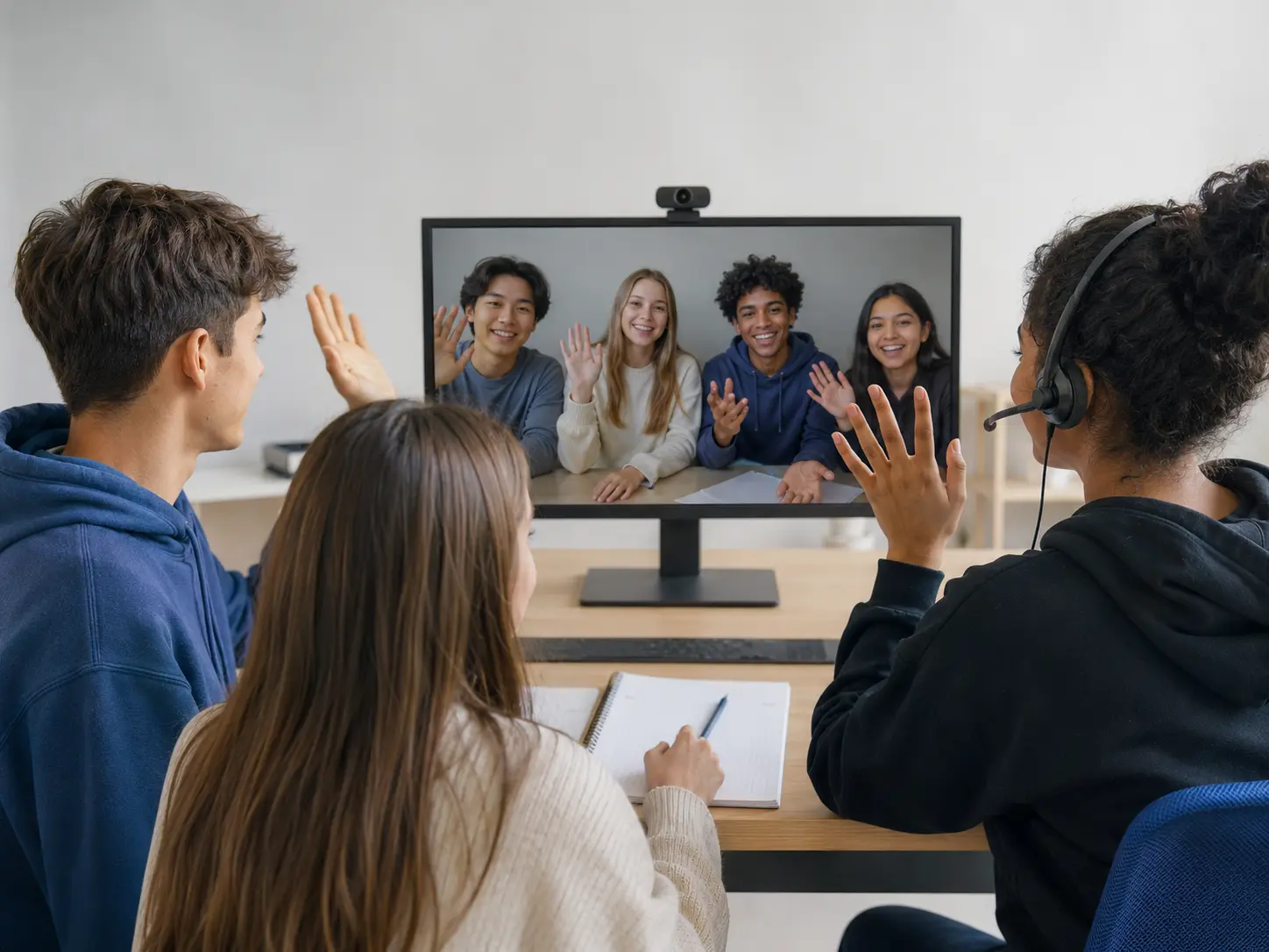 Jugendliche sprechen per Videokonferenz mit einer internationalen Partnergruppe